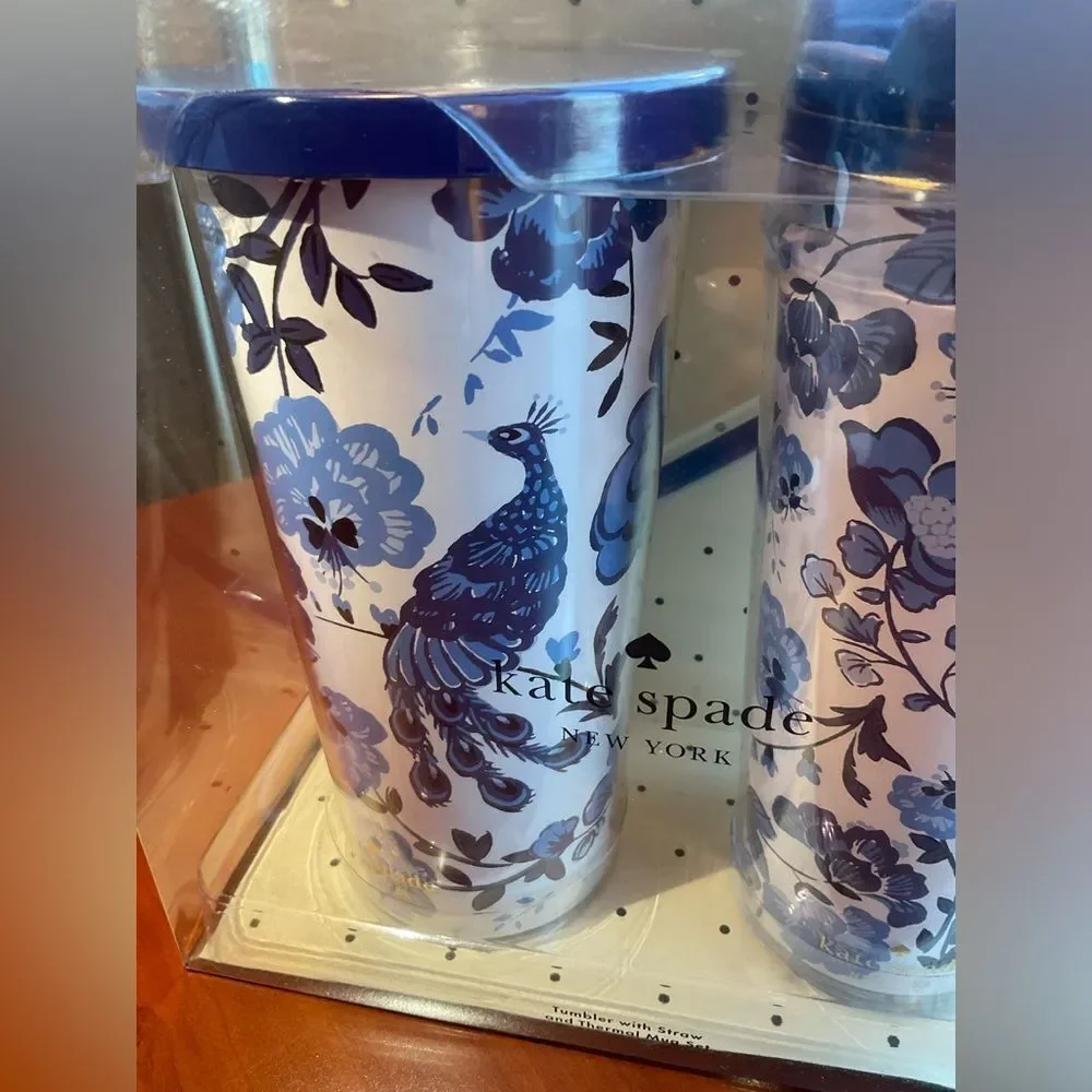 Kate Spade Peacock Floral Tumbler‎ w/Straw & Thermal Mug